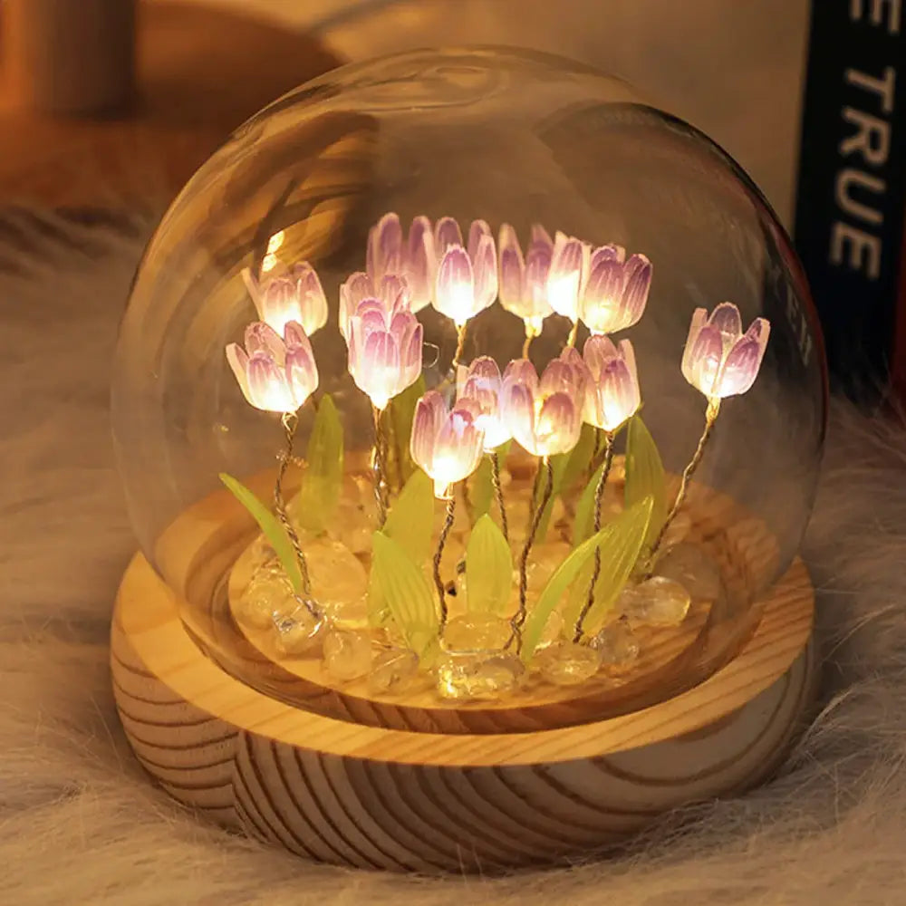 Pink tulip glass dome night light bedroom wood base