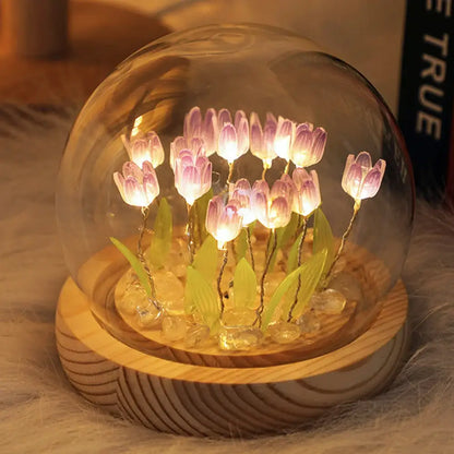 Pink tulip glass dome night light bedroom wood base