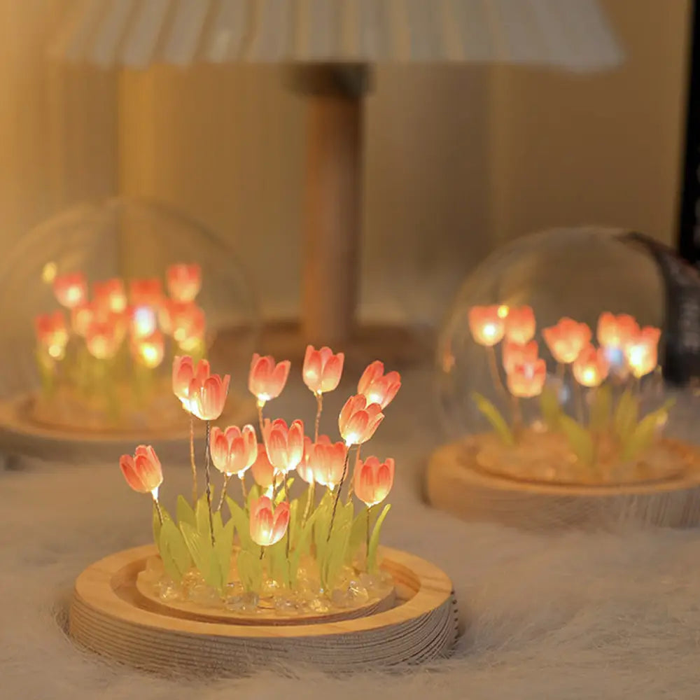 Pink tulip glass dome night light bedroom wood base