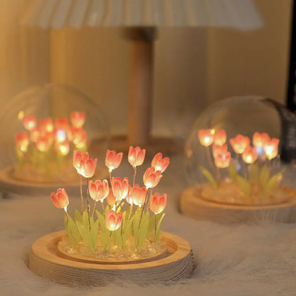 Pink tulip glass dome night light bedroom wood base