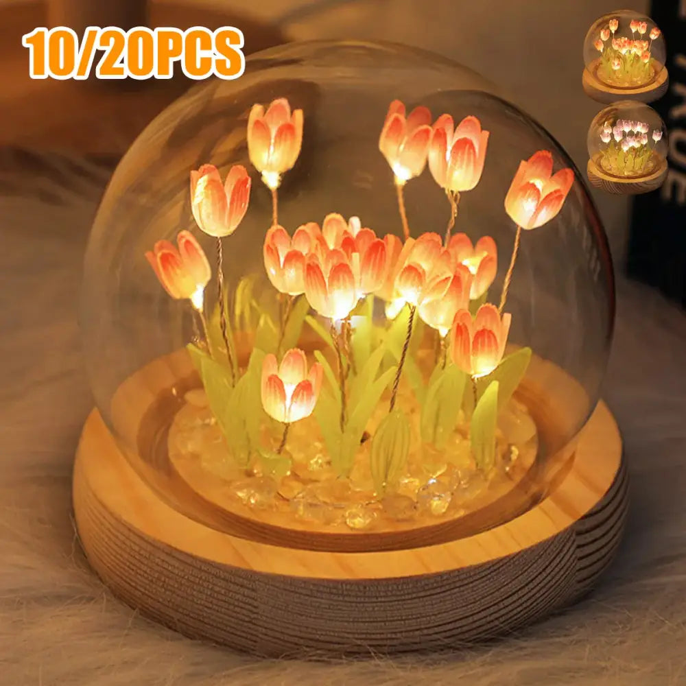 Pink tulip glass dome night light bedroom wood base
