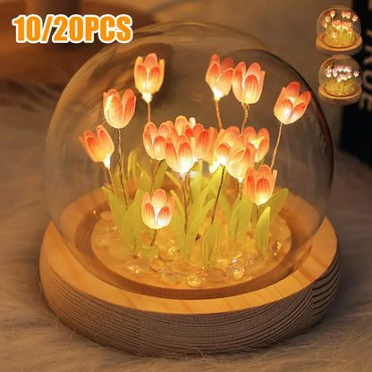 Pink tulip glass dome night light bedroom wood base