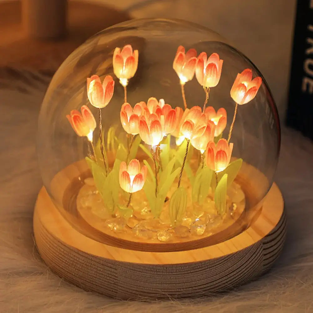Pink tulip glass dome night light bedroom wood base