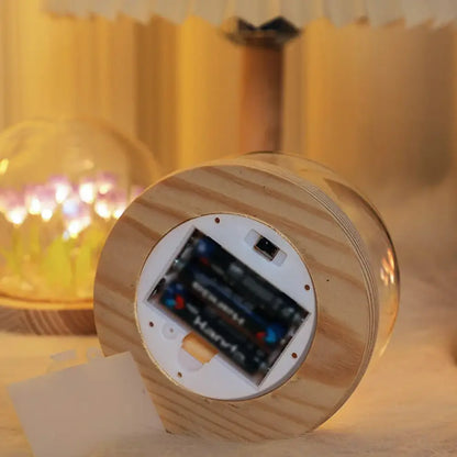 Pink tulip glass dome night light bedroom wood base