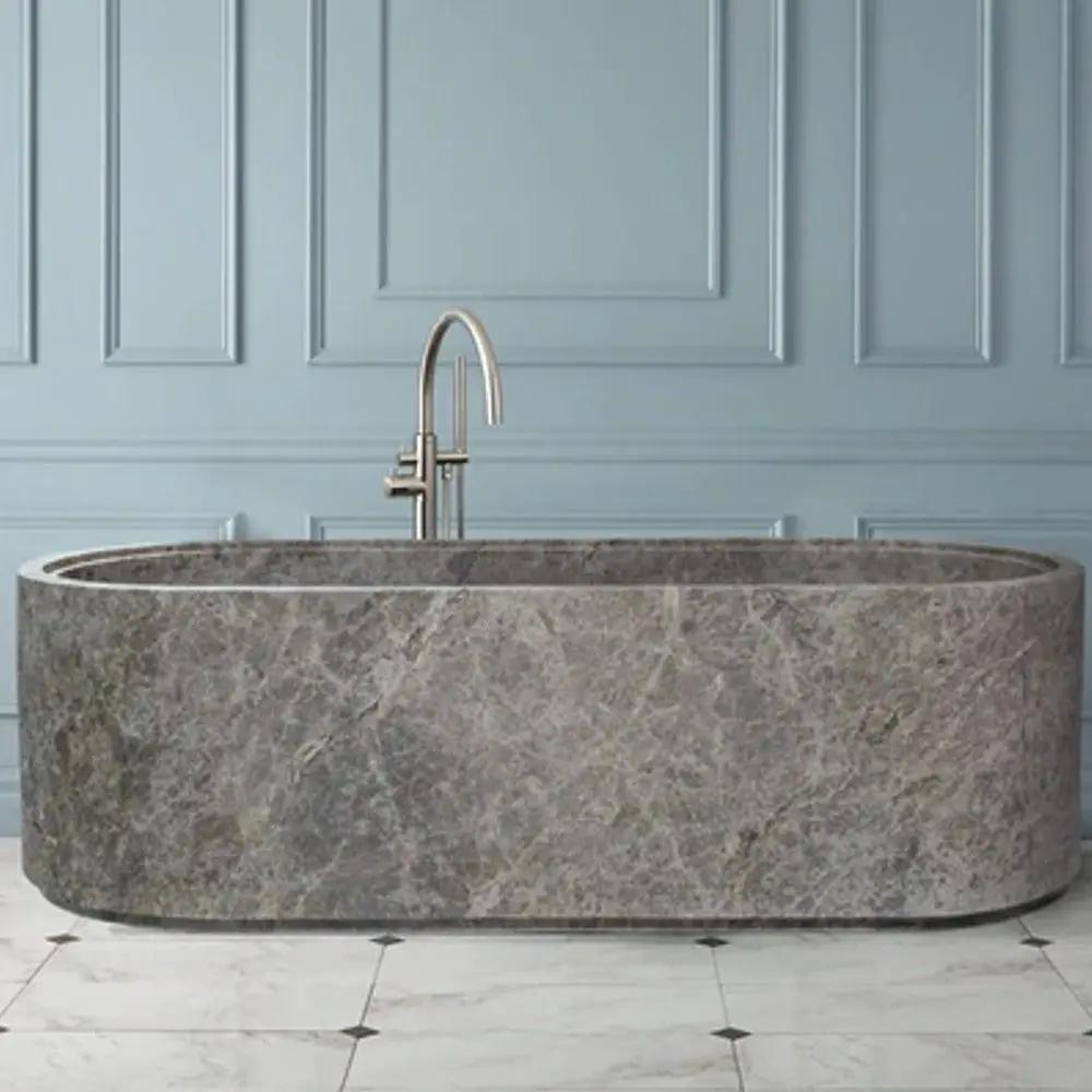 Tundra Gray Marble Freestanding Bathtub - Hand-Carved Matte Finish