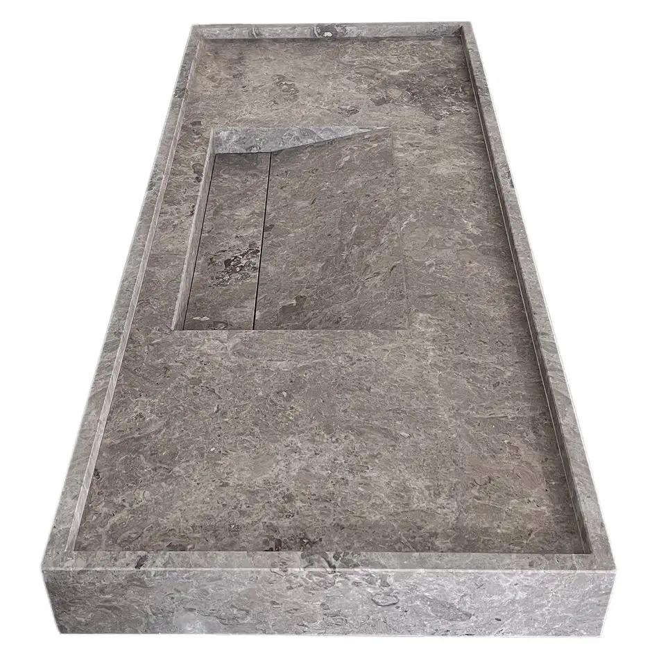 Wall Mount Tundra Grey Marble Bathroom Sink Rectangular Handcrafted