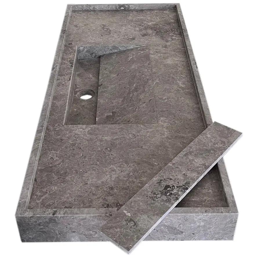 Wall Mount Tundra Grey Marble Bathroom Sink Rectangular Handcrafted