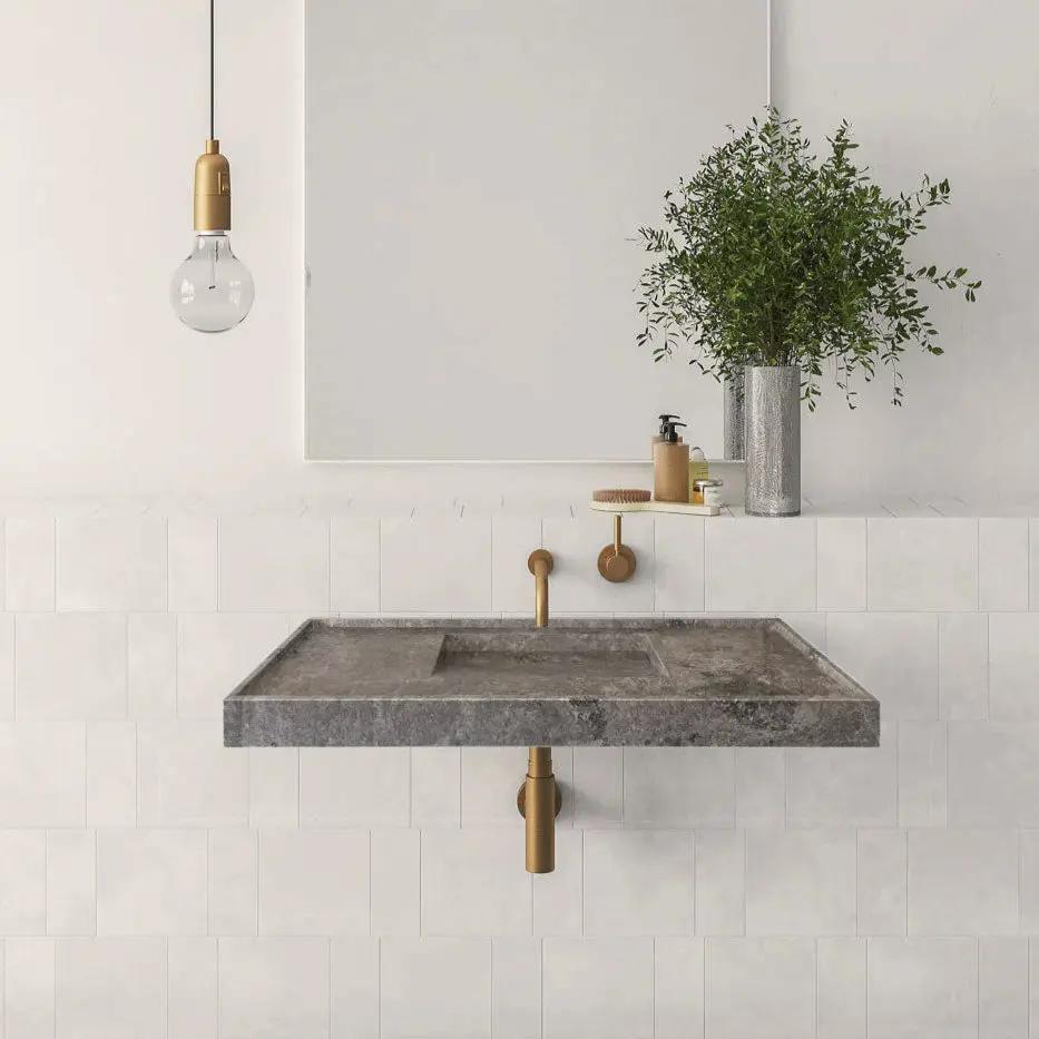Wall Mount Tundra Grey Marble Bathroom Sink Rectangular Handcrafted