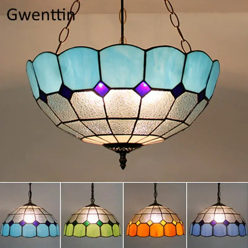 Turquoise and purple diamond square stained glass pendant light kitchen