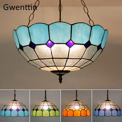 Turquoise and purple diamond square stained glass pendant light kitchen