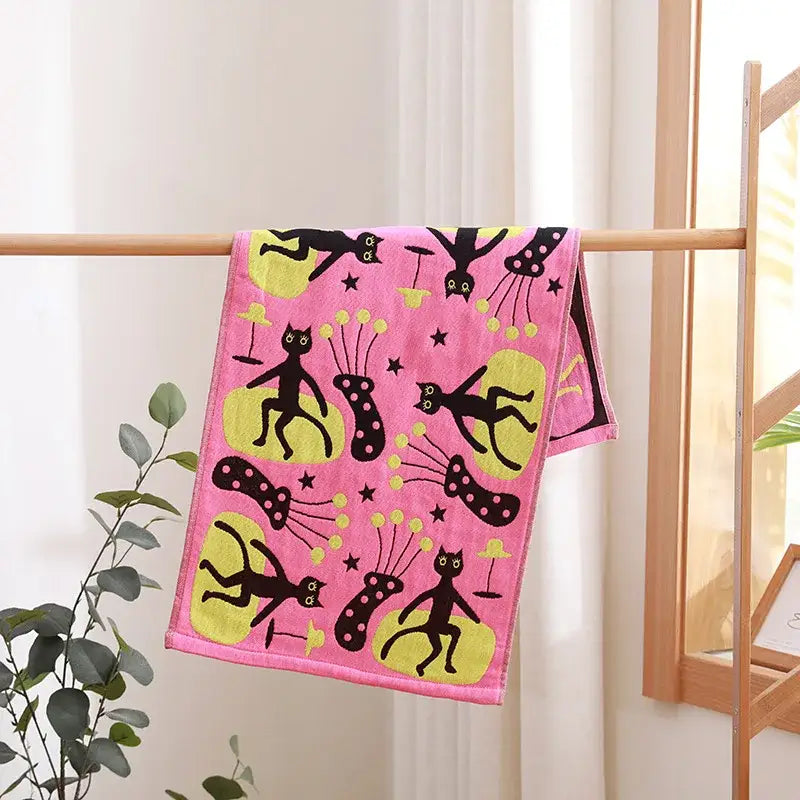 Turquoise cartoon cat cotton gauze hand and face towel bathroom set