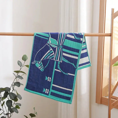Turquoise cartoon cat cotton gauze hand and face towel bathroom set