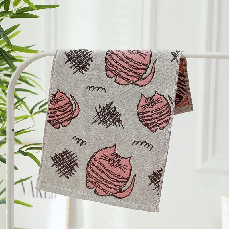 Turquoise cartoon cat cotton gauze hand and face towel bathroom set