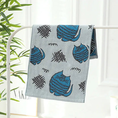Turquoise cartoon cat cotton gauze hand and face towel bathroom set