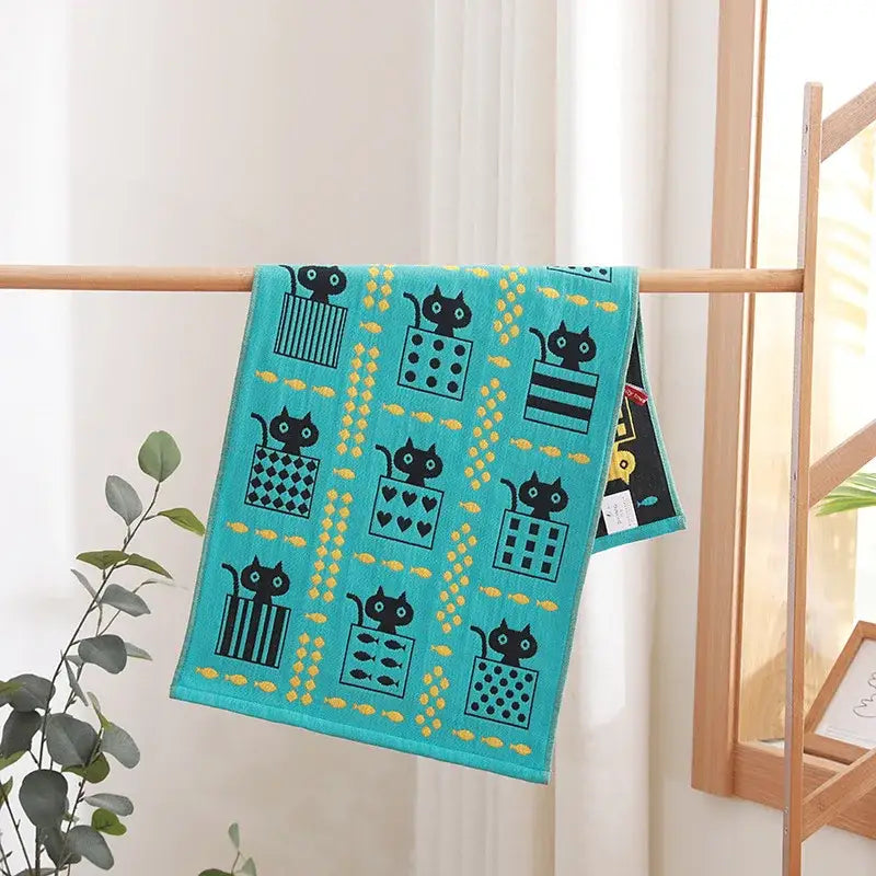 Turquoise cartoon cat cotton gauze hand and face towel bathroom set