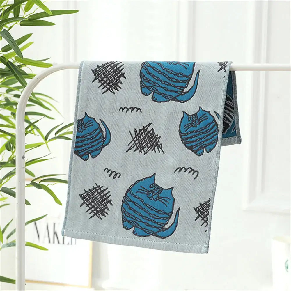 Turquoise cartoon cat cotton gauze hand and face towel bathroom set