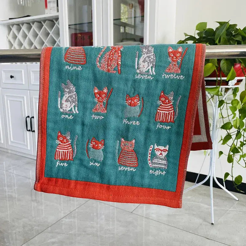 Turquoise cartoon cat cotton gauze hand and face towel bathroom set
