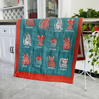 Turquoise cartoon cat cotton gauze hand and face towel bathroom set