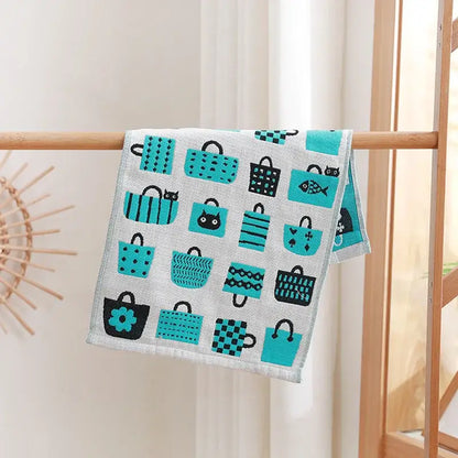Turquoise cartoon cat cotton gauze hand and face towel bathroom set