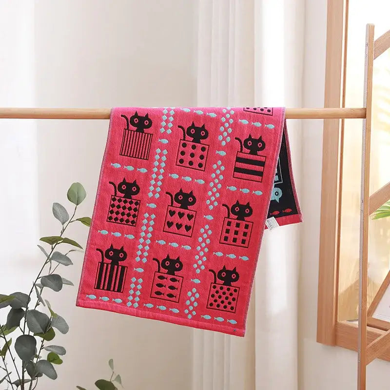 Turquoise cartoon cat cotton gauze hand and face towel bathroom set