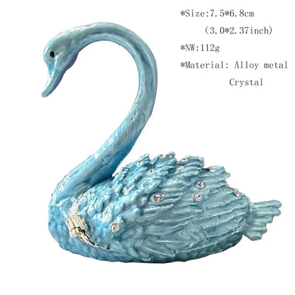 Turquoise enamel swan crystal animal figurines trinket box bedroom decor