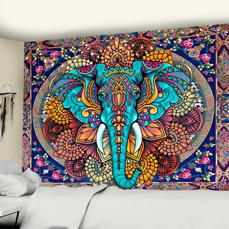 Turquoise & gold elephant mandala tapestry bedroom wall hanging