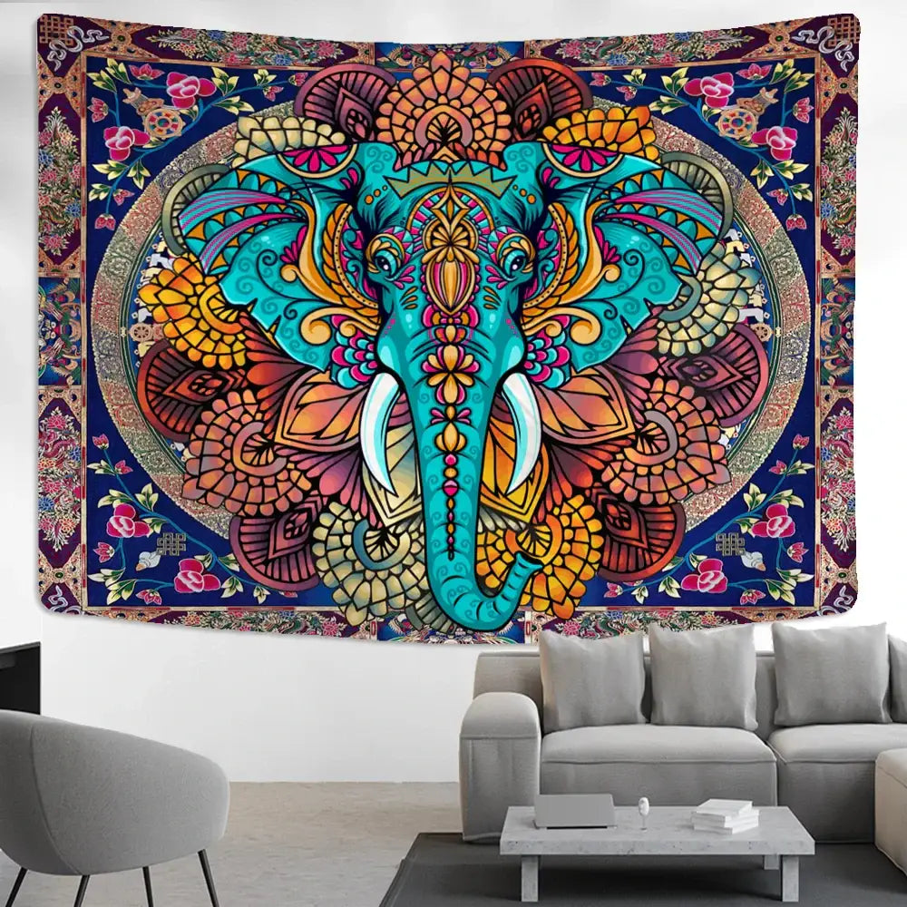 Turquoise & gold elephant mandala tapestry bedroom wall hanging