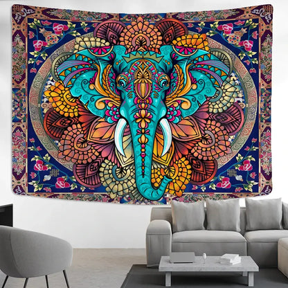 Turquoise & gold elephant mandala tapestry bedroom wall hanging