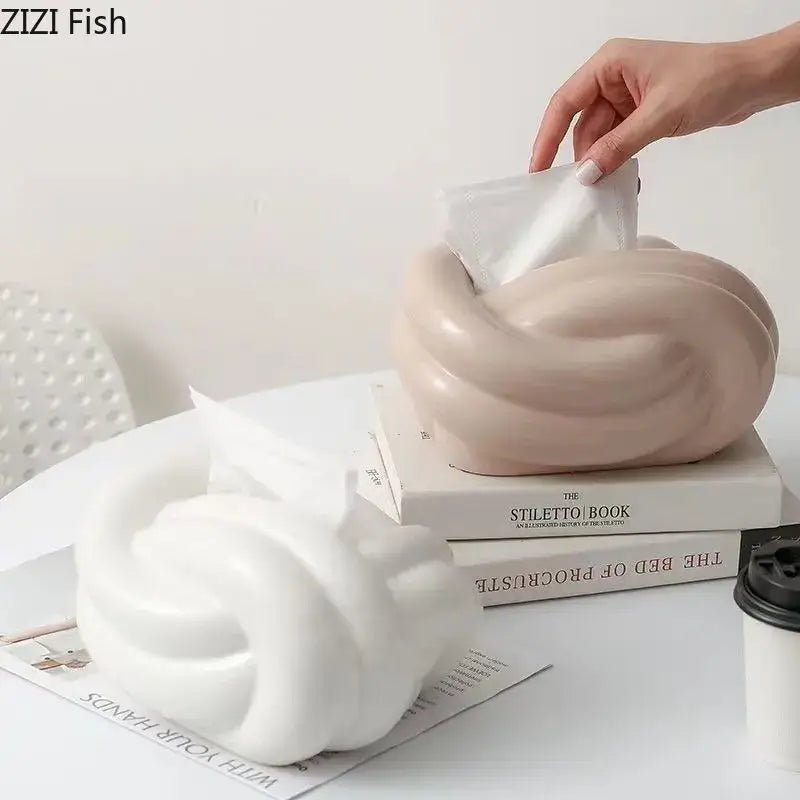Twisted knot cream ceramic desktop storage tissue box – living room