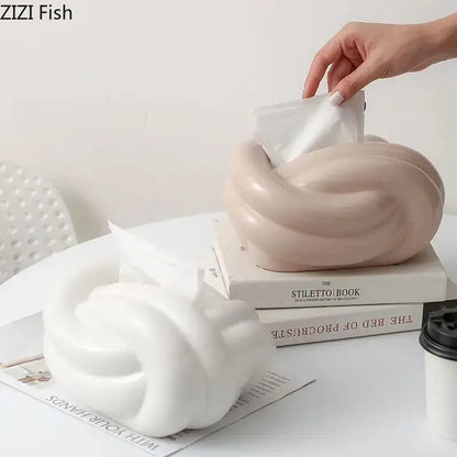 Twisted knot cream ceramic desktop storage tissue box – living room