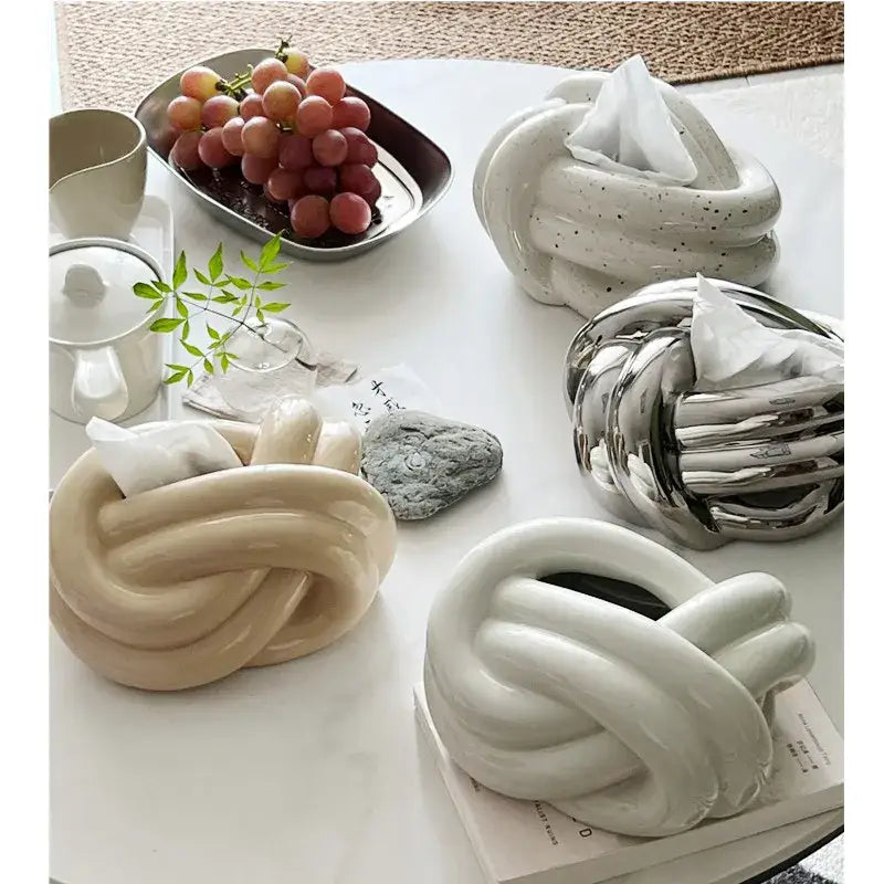 Twisted knot cream ceramic desktop storage tissue box – living room