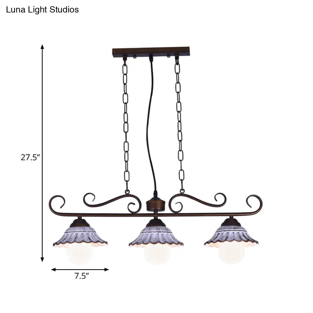 DecorBites™ Twisting Island Pendant Lamp: 3-Light Coffee Metal Hanging Light with Scalloped Bell Ceramics Shade - Korean Style