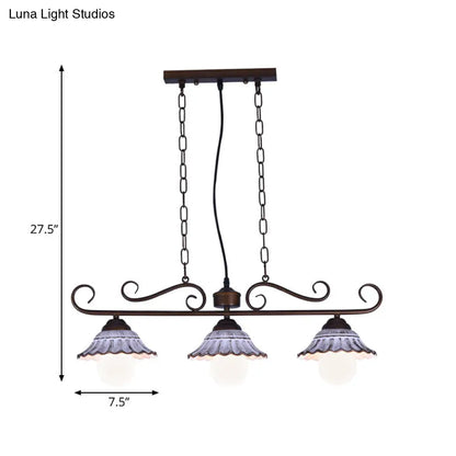 DecorBites™ Twisting Island Pendant Lamp: 3-Light Coffee Metal Hanging Light with Scalloped Bell Ceramics Shade - Korean Style