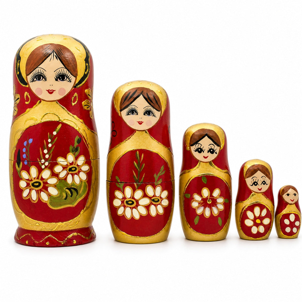 Set of 5 White Flowers on Red Nesting Dolls 6.5 Inches