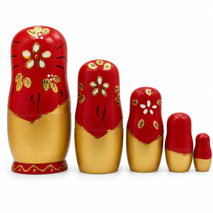 Set of 5 White Flowers on Red Nesting Dolls 6.5 Inches
