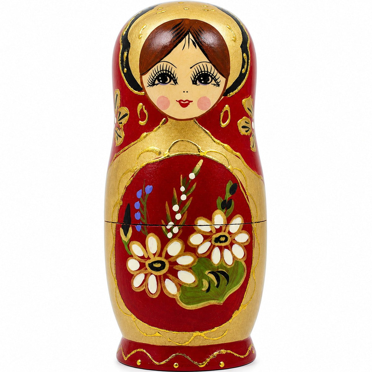 Set of 5 White Flowers on Red Nesting Dolls 6.5 Inches