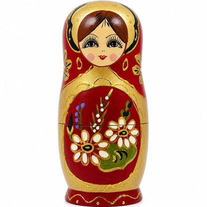 Set of 5 White Flowers on Red Nesting Dolls 6.5 Inches