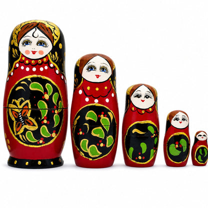 Set of 5 Red & Black Wooden Nesting Dolls Matryoshka 6.5 Inches