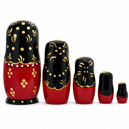 Set of 5 Red & Black Wooden Nesting Dolls Matryoshka 6.5 Inches