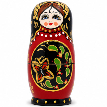Set of 5 Red & Black Wooden Nesting Dolls Matryoshka 6.5 Inches