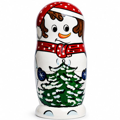 Set of 10 Snowmen with Christmas Tree Wooden Nesting Dolls 10.25 Inches