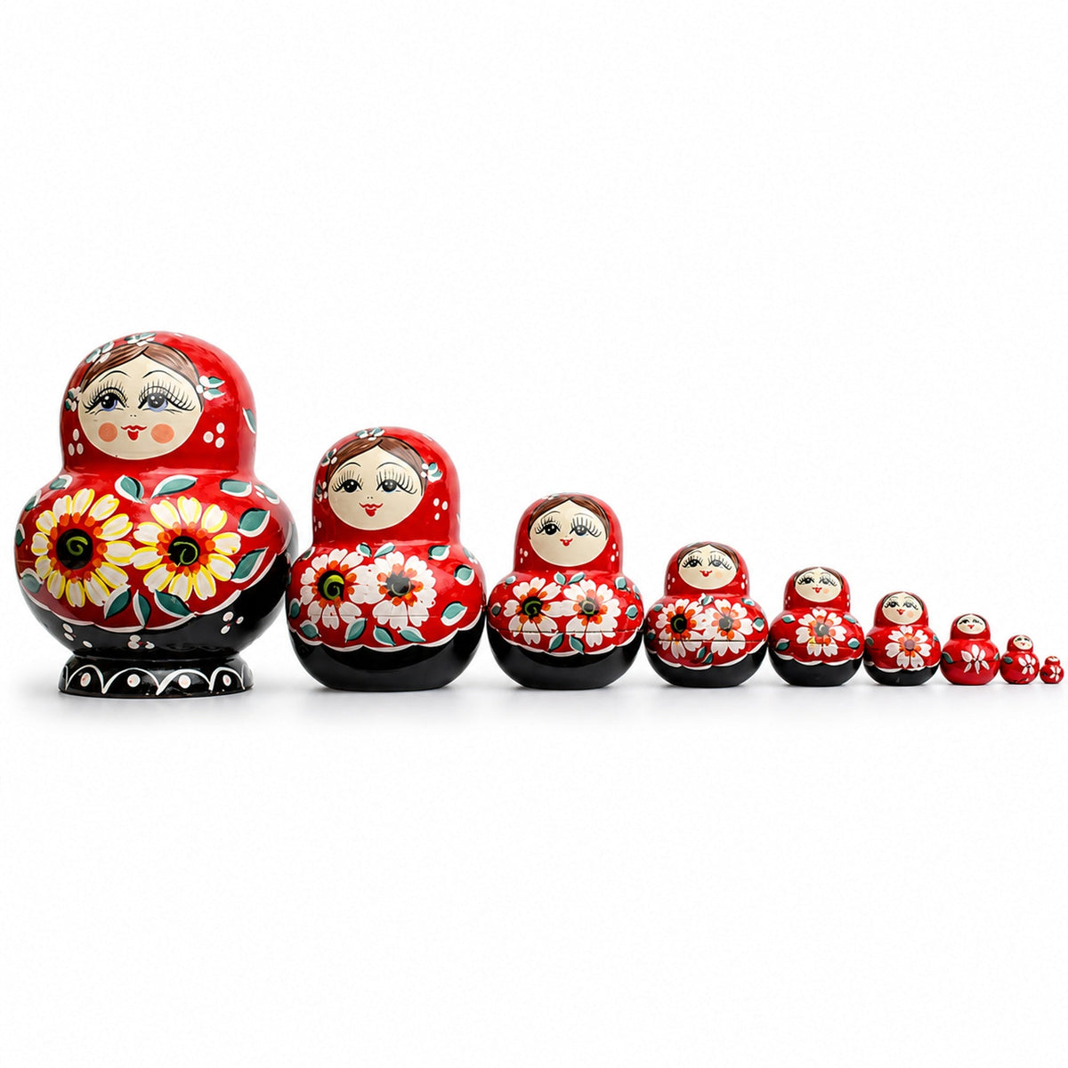 Set of 10 Daisy Flowers on Red Dress Nesting Dolls  7 Inches
