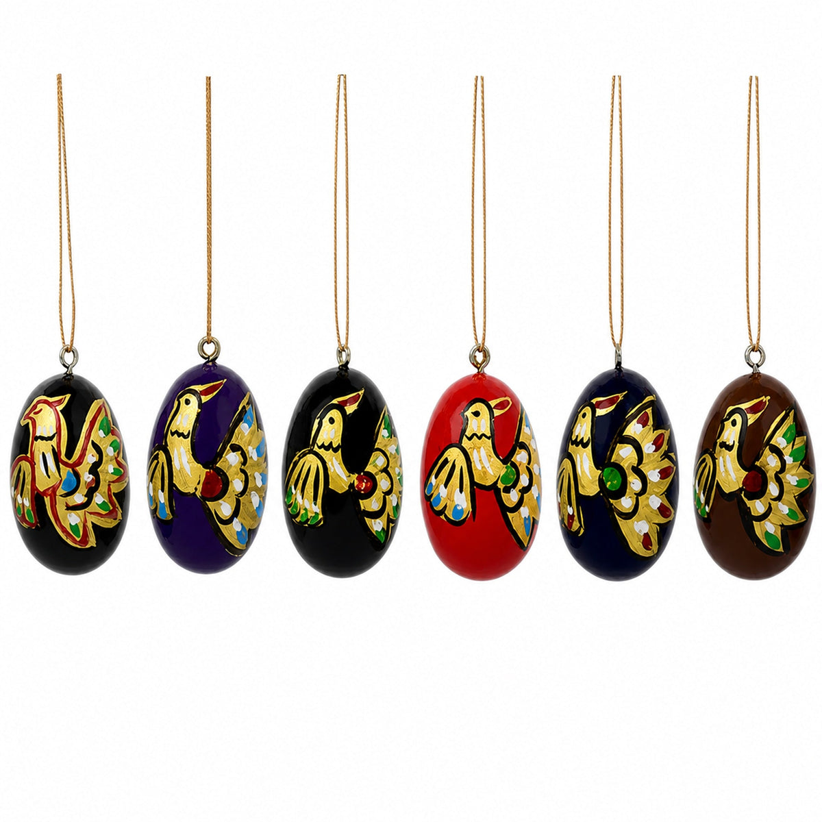 Set of 6 Golden Birds Egg Shape Wooden Christmas Ornaments 1.5 Inches