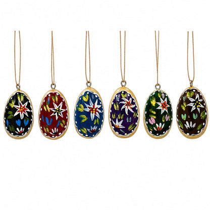 Set of 6 Flowers Wooden Egg Shape Christmas Ornaments 1.5 Inches