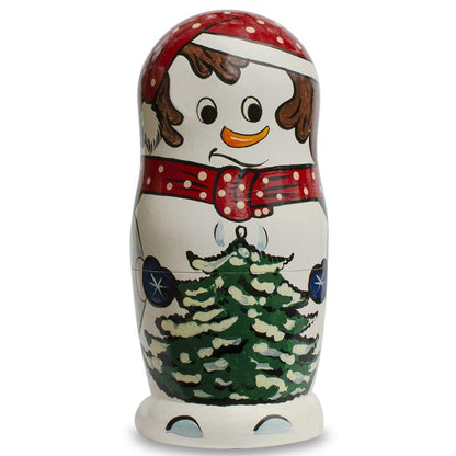 Set of 10 Snowmen with Christmas Tree Wooden Nesting Dolls 10.25 Inches
