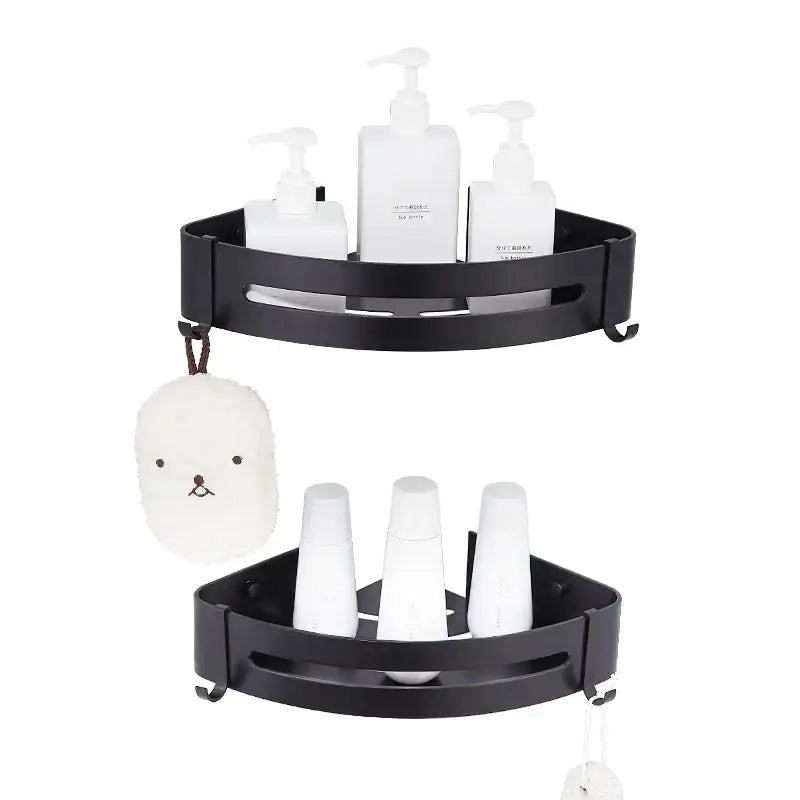 Two tier black aluminum corner shelf bathroom caddy with hooks