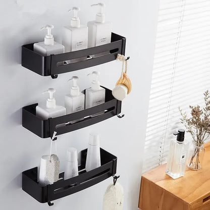 Two tier black aluminum corner shelf bathroom caddy with hooks