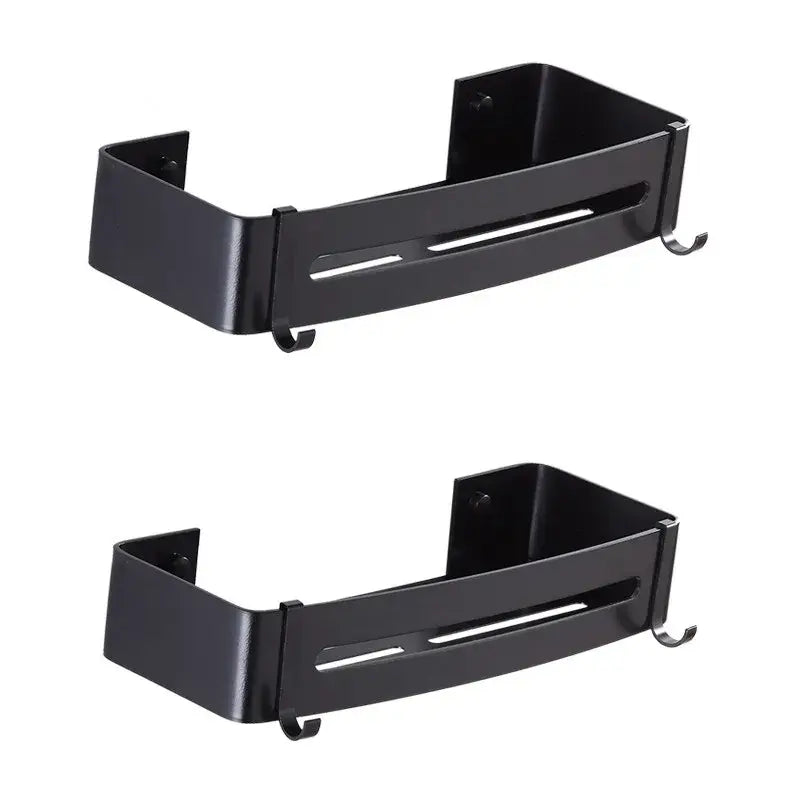 Two tier black aluminum corner shelf bathroom caddy with hooks