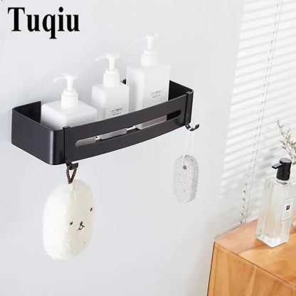 Two tier black aluminum corner shelf bathroom caddy with hooks