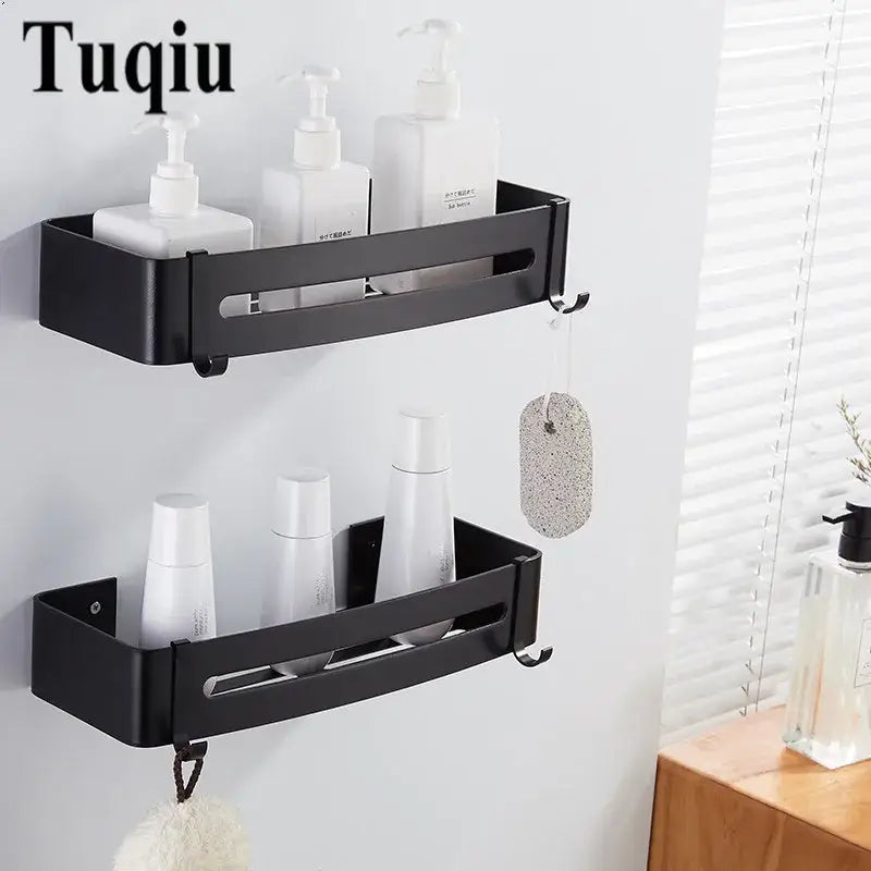 Two tier black aluminum corner shelf bathroom caddy with hooks